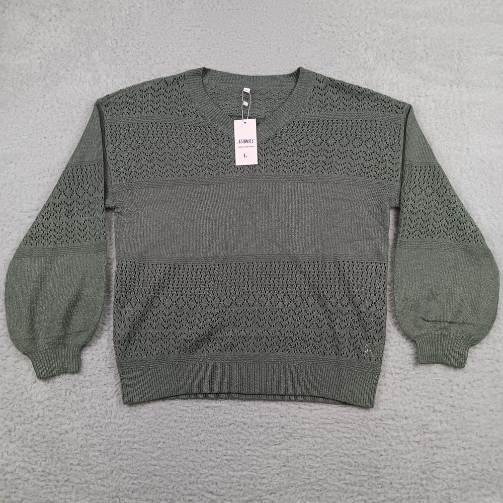Athmile Sweater V-Neck Women L Sage Green Pointelle Balloon Sleeve NWT